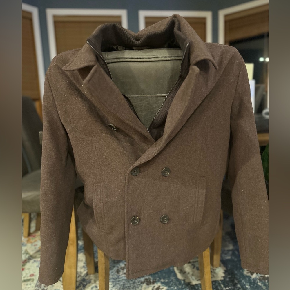 Kenneth Cole Reaction - Men’s Double Breasted Wool Blend Peacoat with Bib